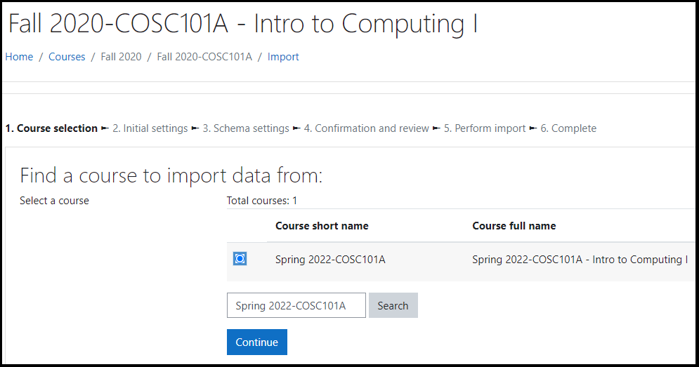 Screenshot of Import > search for course to import from