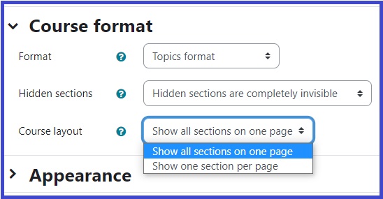 screenshot of course format options in course setting page with course layout - Show all sections on one page highlighted