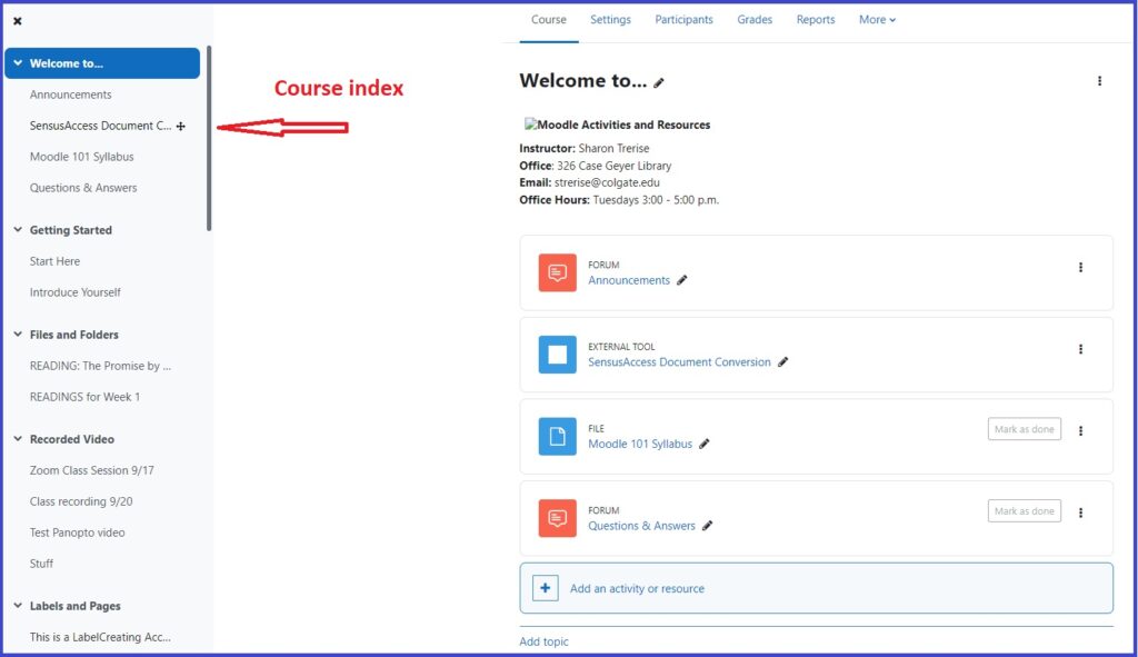 screenshot with arrow pointing to the course index