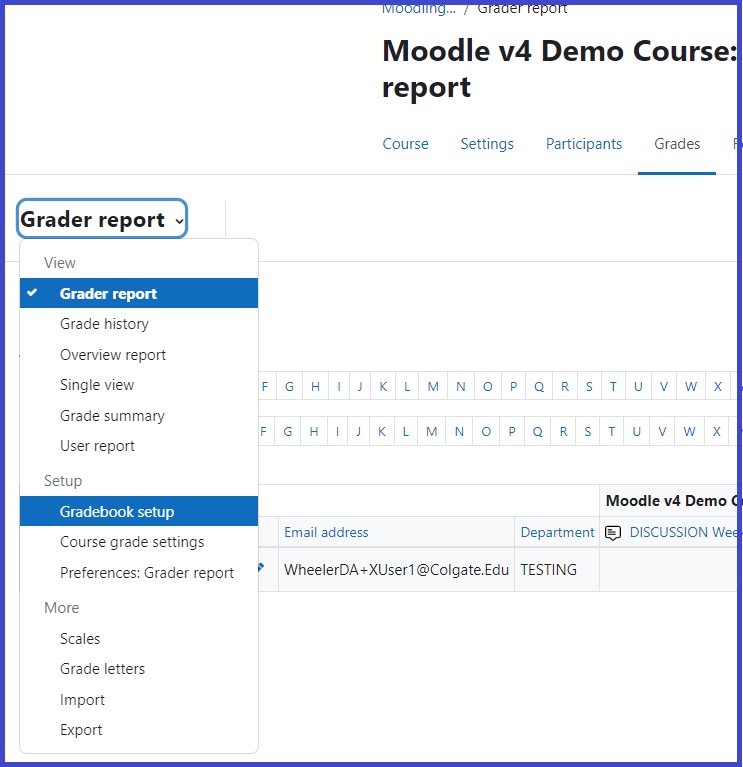 screenshot of menu on Grades page showing options for grader report, grade history, gradebook setup, etc.