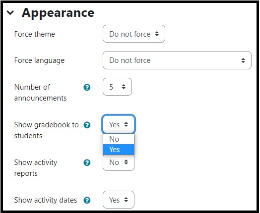 screenshot of appearance settings in the course settings with Show gradebook to students set to yes