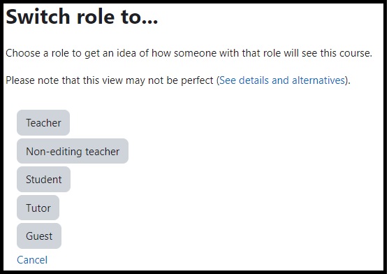 screenshot of role options: teacher, non-editing teacher, student, tutor and guest