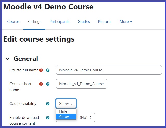 screenshot of general settings in the course settings with Course visibility set to Show