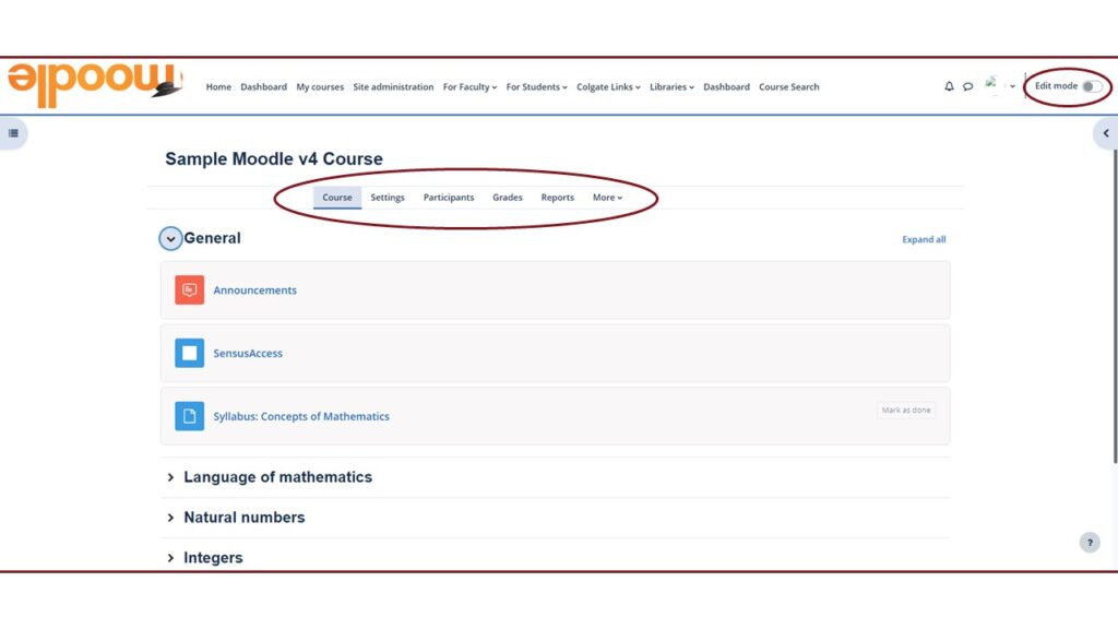 screenshot of Moodle course home page with Edit mode slider highlighted and course menu highlighted.