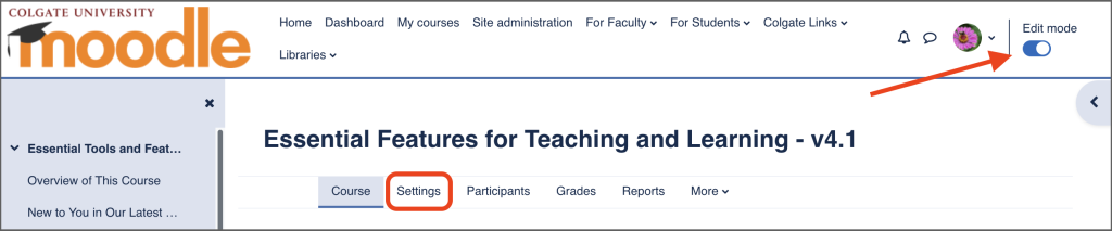 Screenshot showing where the Edit Mode slider is in Moodle. 