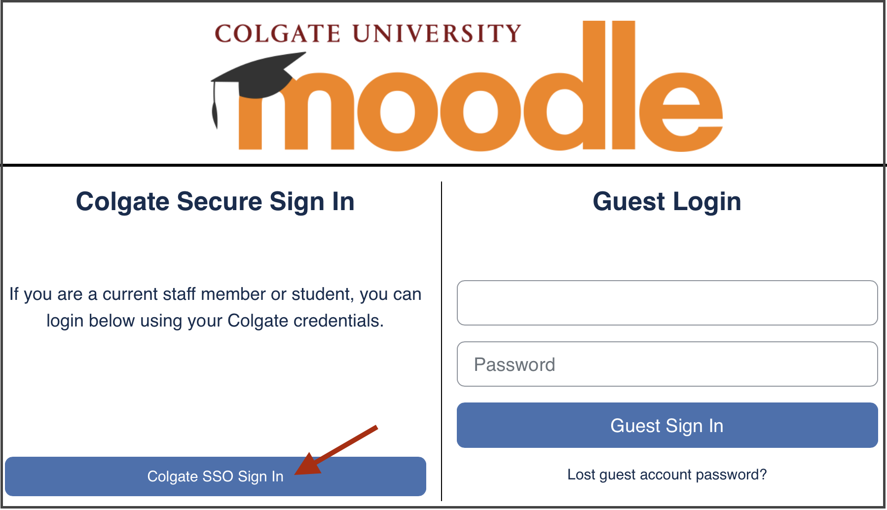 Screenshot showing the location of the Colgate SSO Sign In button on the Moodle page. 