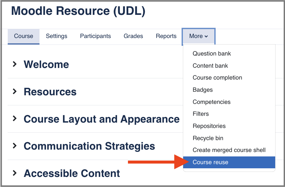 Screenshot of the More Menu of a Moodle course with an arrow pointing to the course reuse option.