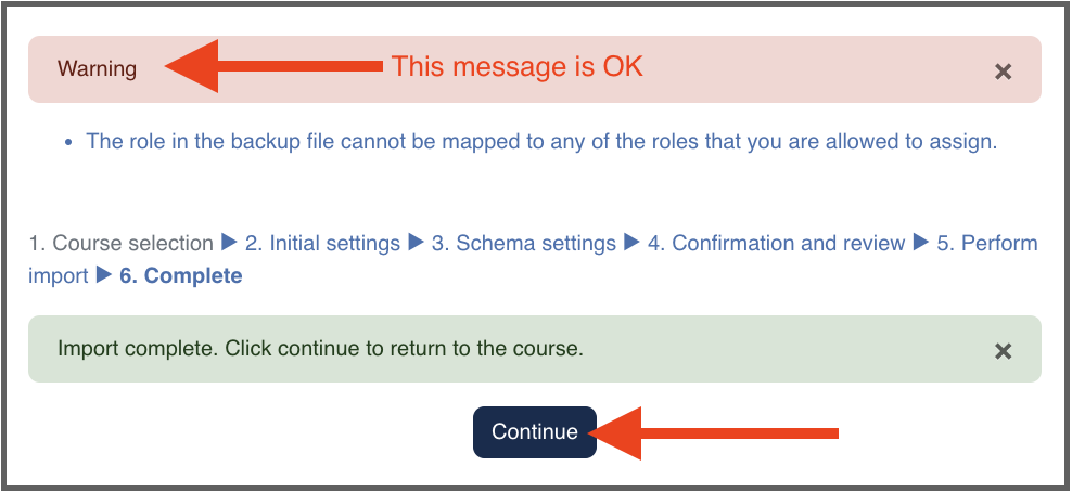 Screenshot of a warning message that identifies 'The role in the backup file cannot be mapped to any of the roles that you are allowed to assign.'