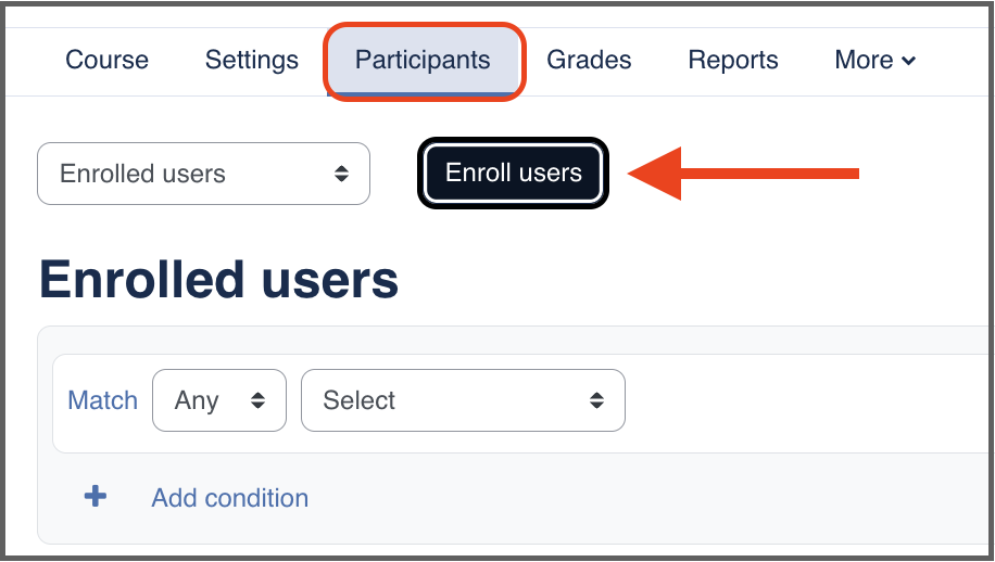 Screenshot of Participants page with an arrow pointing to 'Enroll users'