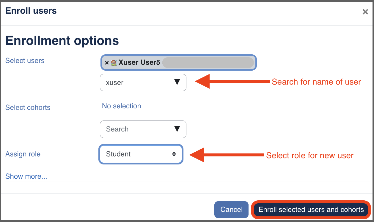 Screenshot of Enroll users screen with arrows pointing to the search box for searching for the name of your user and to the assign role menu where you can identify the role for your new user.