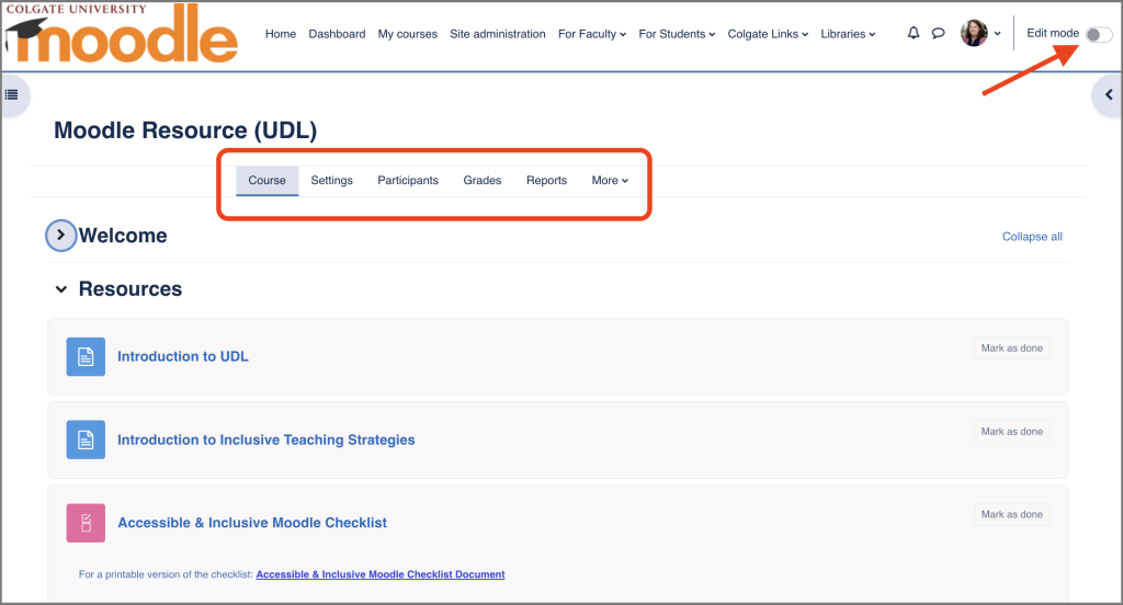 Screenshot of a course page in Moodle, with a circle around the navigation menu and an arrow pointing to the edit mode button. 