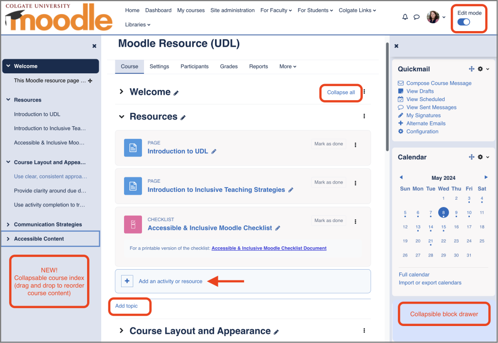 Screenshot of a moodle course page. The following items are highlighted in red circles: 'Collapse all', 'Edit mode', 'Add topic', 'Add an activity or resource'. The new collapsible course index and block drawer are identified. 