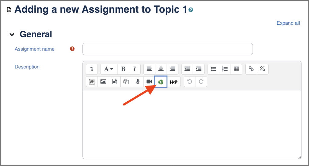 Screenshot of an Assignment in Moodle with an arrow pointed to the Panopto icon in the edit toolbar. 