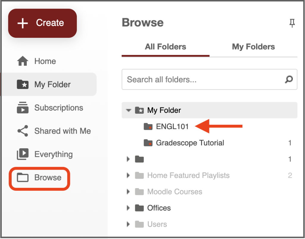 screenshot of Browse folders in Panopto with a circle around the 'Browse' menu item and a red arrow pointed to an 'ENGL101' Folder