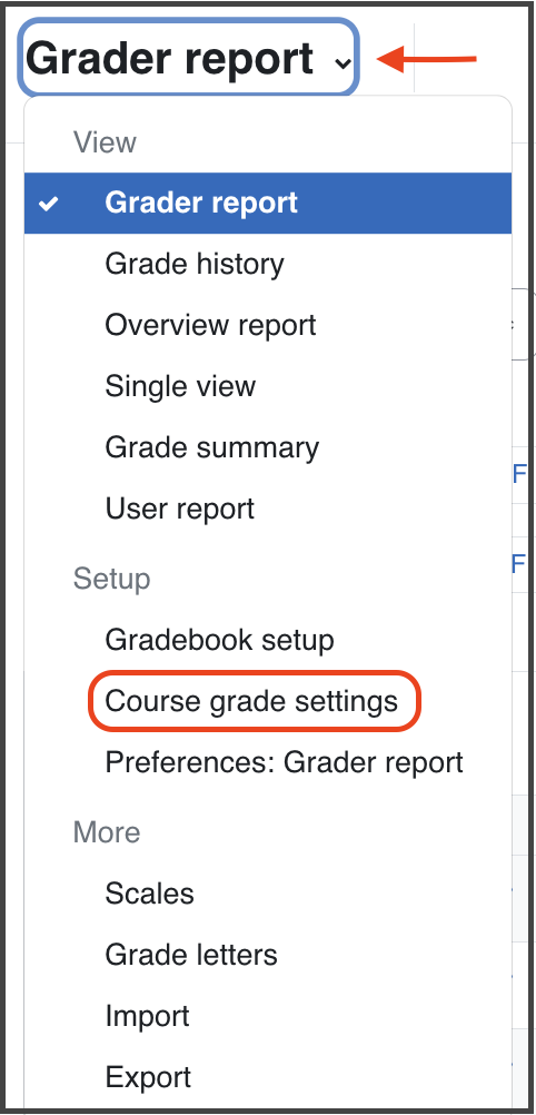 Screenshot of the gradebook dropdown menu which highlights the selection of course grade settings. 
